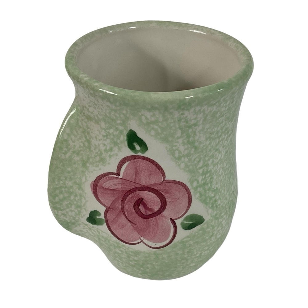 Vintage Neher Studio pottery Hand Warmer Mug Signed Neher 2002 Pink Rose 16 oz